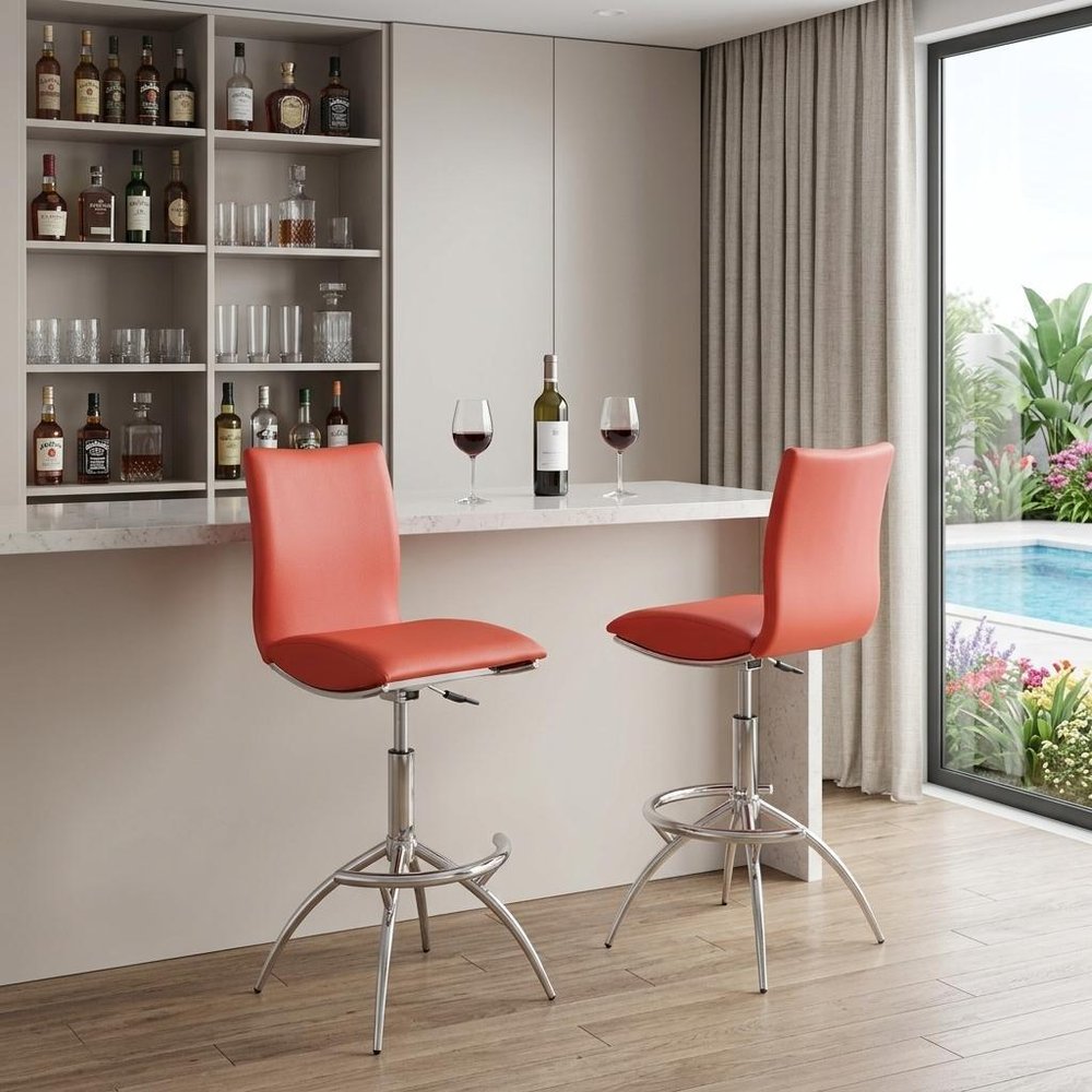 Set of Two Brown And Silver Faux Leather And Metal Low Back Adjustable Height Swivel Bar Chairs