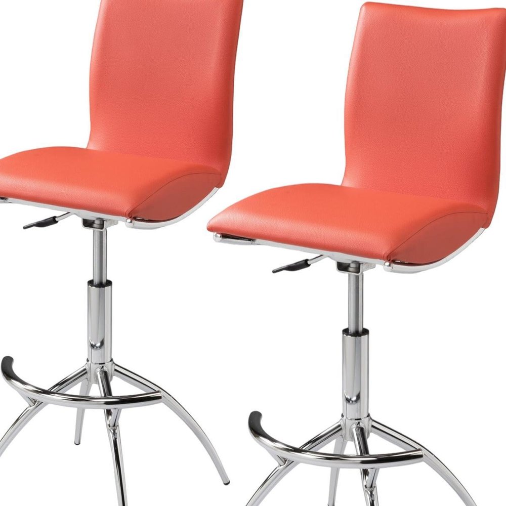 Set of Two Brown And Silver Faux Leather And Metal Low Back Adjustable Height Swivel Bar Chairs