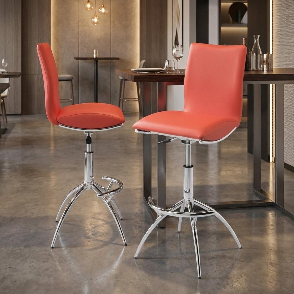 Set of Two Brown And Silver Faux Leather And Metal Low Back Adjustable Height Swivel Bar Chairs