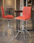 Set of Two Brown And Silver Faux Leather And Metal Low Back Adjustable Height Swivel Bar Chairs