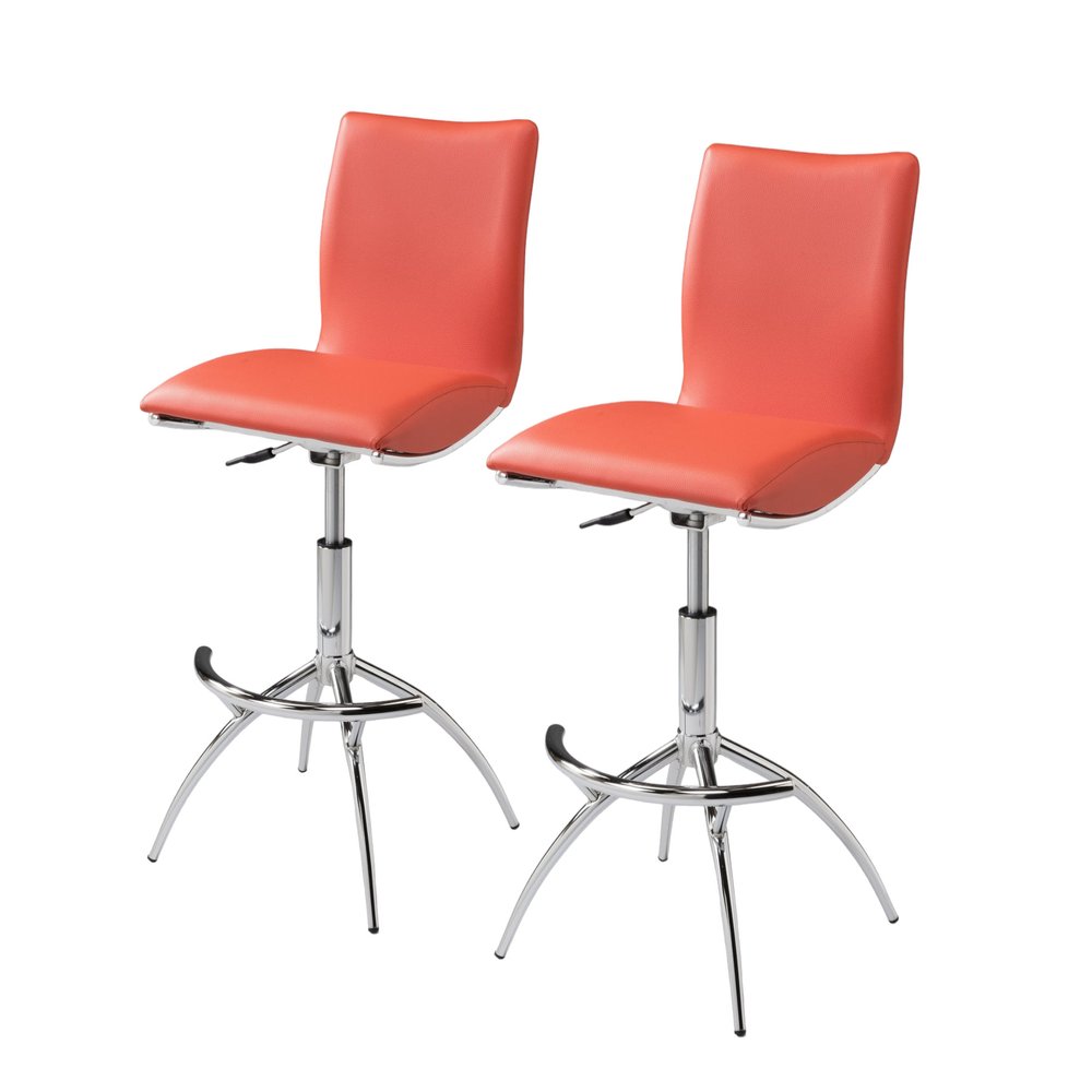 Set of Two Brown And Silver Faux Leather And Metal Low Back Adjustable Height Swivel Bar Chairs