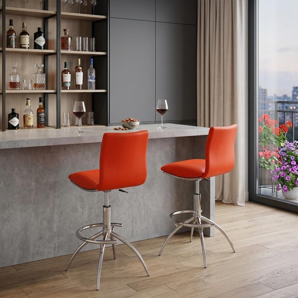Set of Two Brown And Silver Faux Leather And Metal Low Back Adjustable Height Swivel Bar Chairs