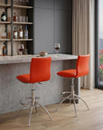 Set of Two Brown And Silver Faux Leather And Metal Low Back Adjustable Height Swivel Bar Chairs