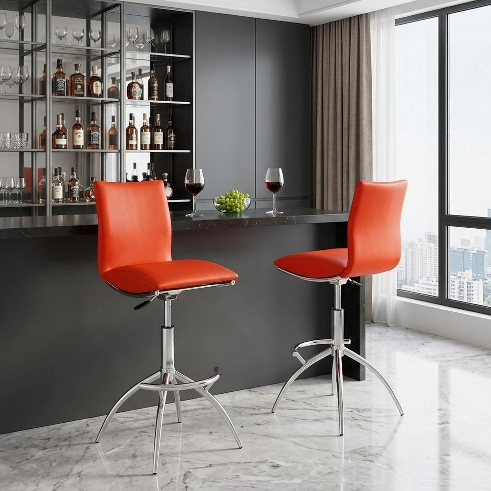 Set of Two Brown And Silver Faux Leather And Metal Low Back Adjustable Height Swivel Bar Chairs