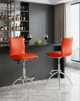 Set of Two Brown And Silver Faux Leather And Metal Low Back Adjustable Height Swivel Bar Chairs