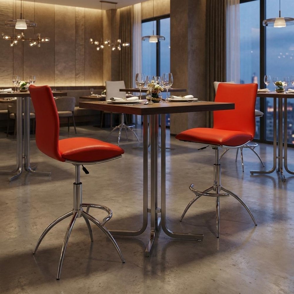 Set of Two Brown And Silver Faux Leather And Metal Low Back Adjustable Height Swivel Bar Chairs