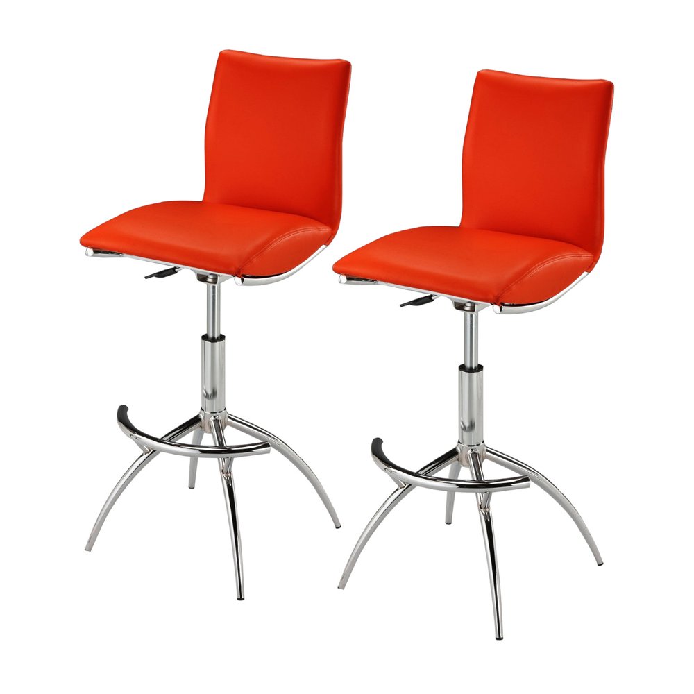 Set of Two Brown And Silver Faux Leather And Metal Low Back Adjustable Height Swivel Bar Chairs