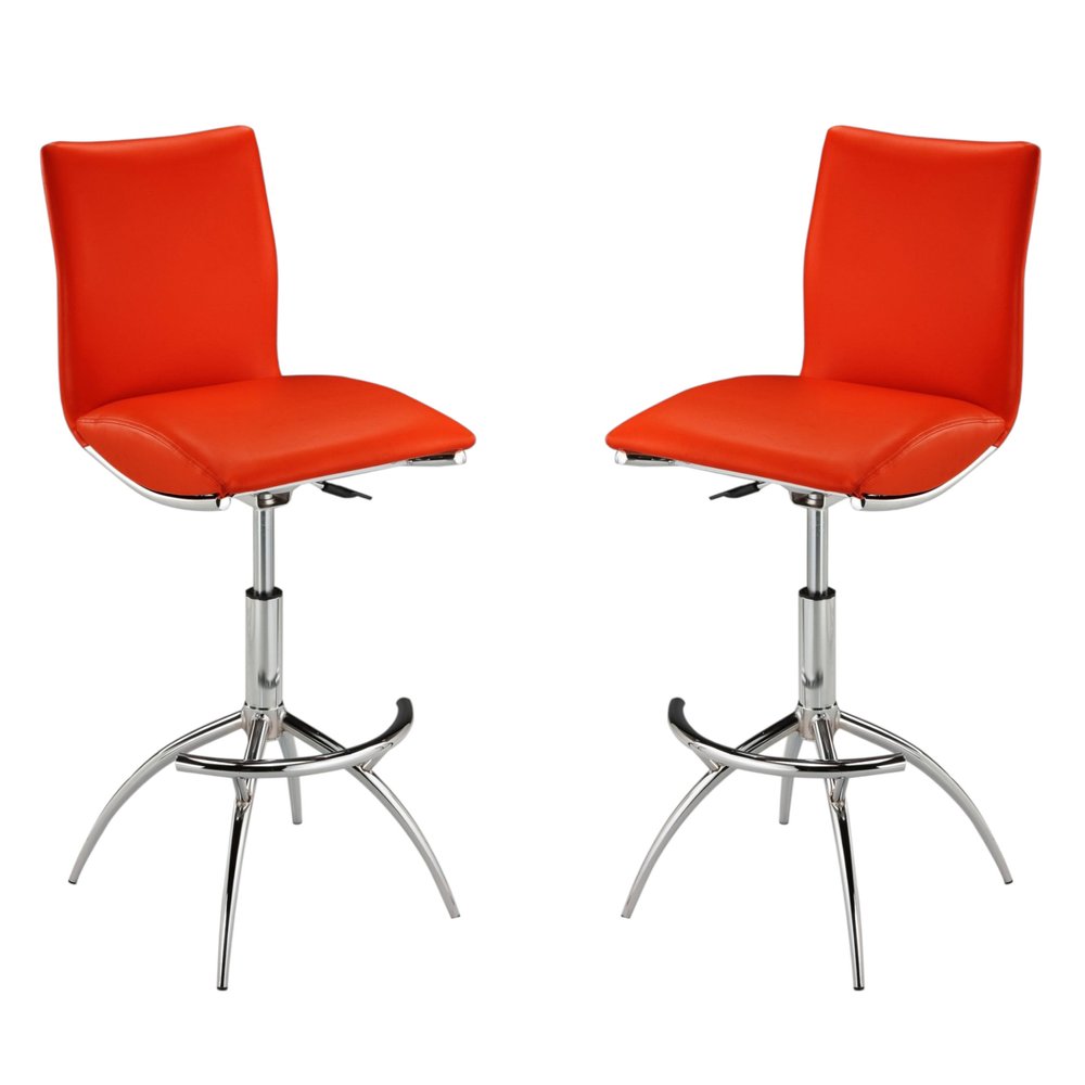 Set of Two Brown And Silver Faux Leather And Metal Low Back Adjustable Height Swivel Bar Chairs