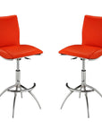 Set of Two Brown And Silver Faux Leather And Metal Low Back Adjustable Height Swivel Bar Chairs