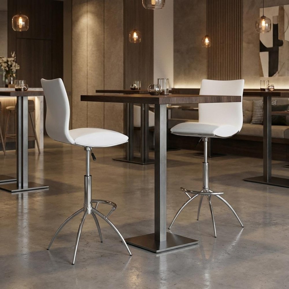 Set of Two Brown And Silver Faux Leather And Metal Low Back Adjustable Height Swivel Bar Chairs