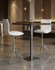 Set of Two Brown And Silver Faux Leather And Metal Low Back Adjustable Height Swivel Bar Chairs