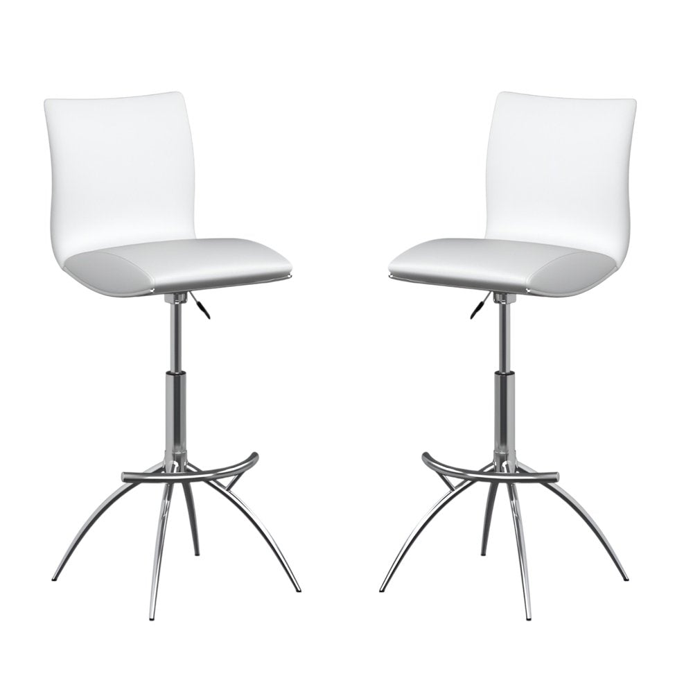 Set of Two Brown And Silver Faux Leather And Metal Low Back Adjustable Height Swivel Bar Chairs