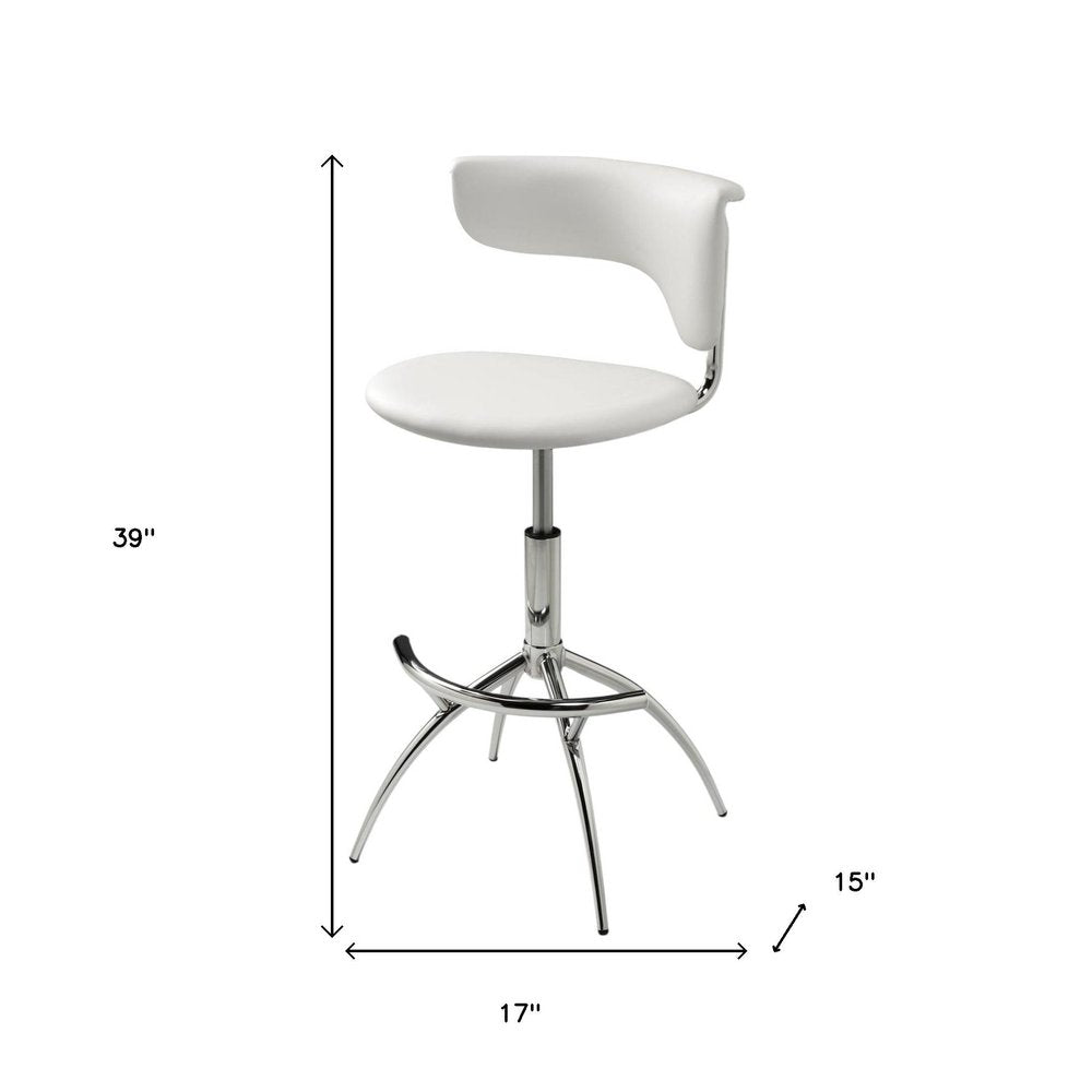 Set of Two White And Silver Faux Leather And Metal Low Back Adjustable Height Bar Chairs
