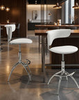 Set of Two White And Silver Faux Leather And Metal Low Back Adjustable Height Bar Chairs