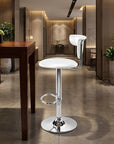 White And Silver Faux Leather And Metal Low Back Adjustable Height Bar Chair