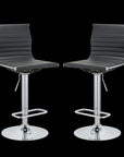 Set of Two Black And Silver Faux Leather And Metal Low Back Adjustable Height Bar Chairs