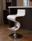 White And Silver Faux Leather And Metal Low Back Adjustable Height Bar Chair