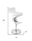 White And Silver Faux Leather And Metal Low Back Adjustable Height Bar Chair