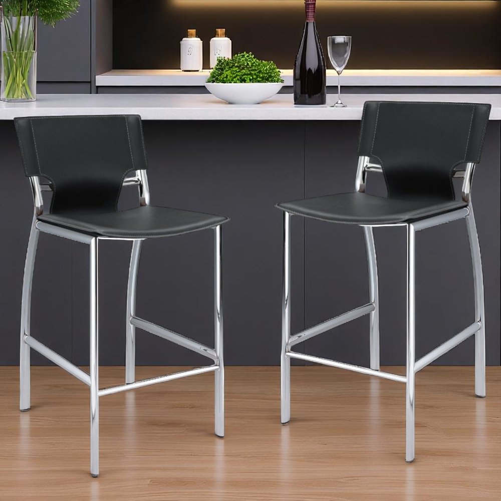Set of Two 29" Gray And Silver Faux Leather And Metal Low Back Bar Height Bar Chairs