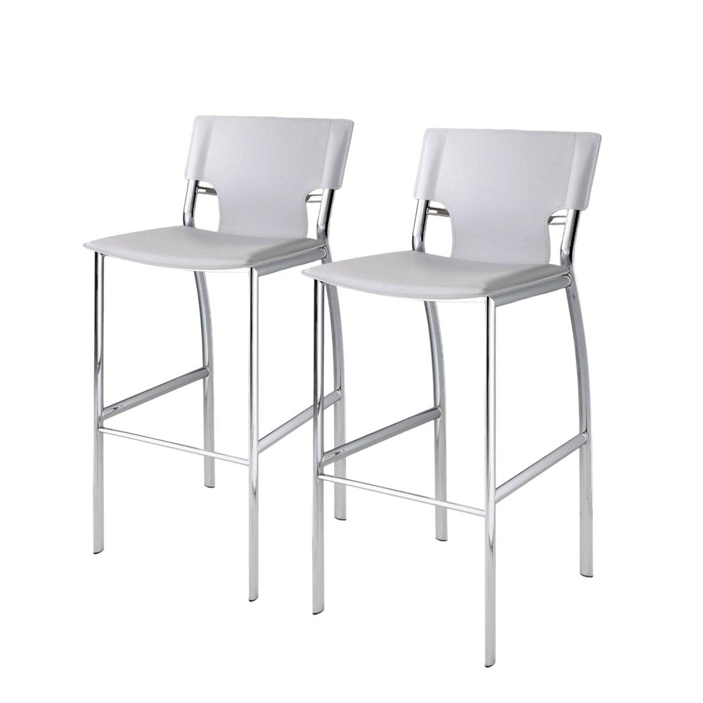 Set of Two 29" White And Silver Faux Leather And Metal Low Back Bar Height Bar Chairs