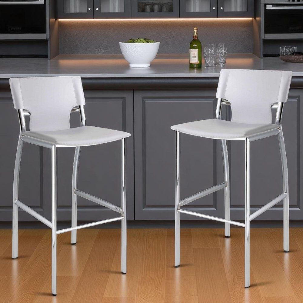 Set of Two 29" White And Silver Faux Leather And Metal Low Back Bar Height Bar Chairs