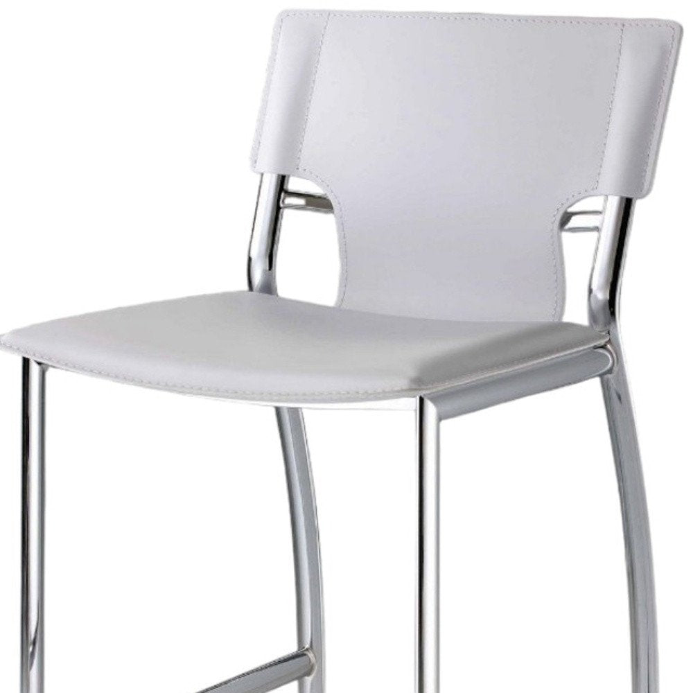 Set of Two 29" White And Silver Faux Leather And Metal Low Back Bar Height Bar Chairs