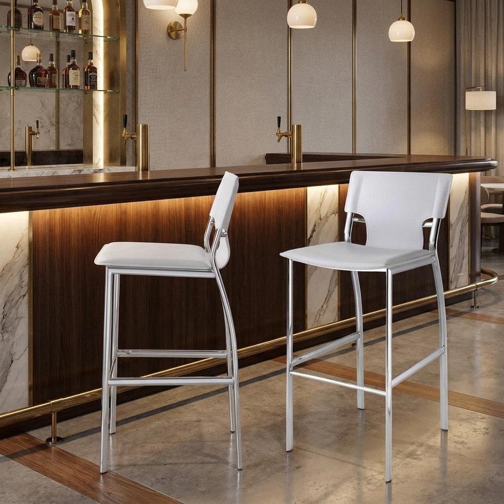 Set of Two 29" White And Silver Faux Leather And Metal Low Back Bar Height Bar Chairs