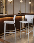 Set of Two 29" White And Silver Faux Leather And Metal Low Back Bar Height Bar Chairs