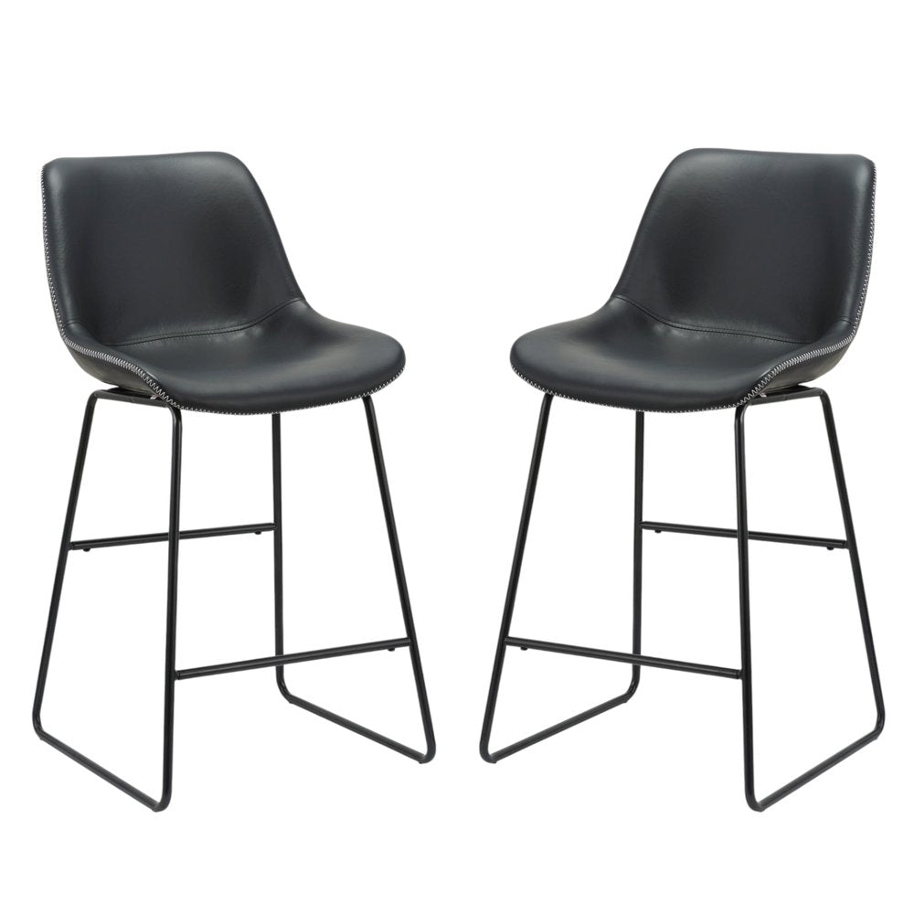 Set of Two Black Faux Leather And Metal Low Back Counter Height Bar Chairs