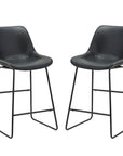 Set of Two Black Faux Leather And Metal Low Back Counter Height Bar Chairs