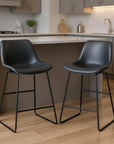Set of Two Black Faux Leather And Metal Low Back Counter Height Bar Chairs