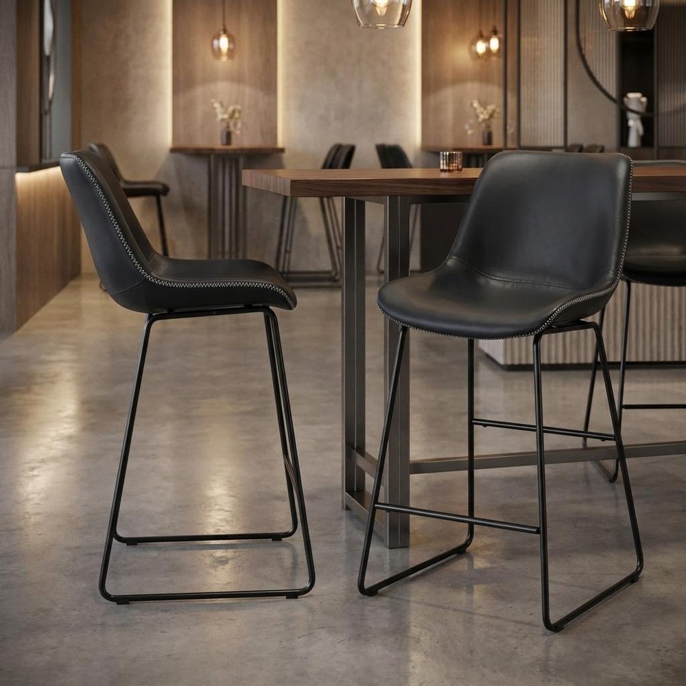 Set of Two Black Faux Leather And Metal Low Back Counter Height Bar Chairs