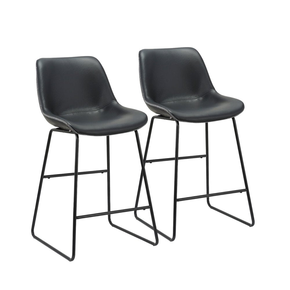 Set of Two Black Faux Leather And Metal Low Back Counter Height Bar Chairs