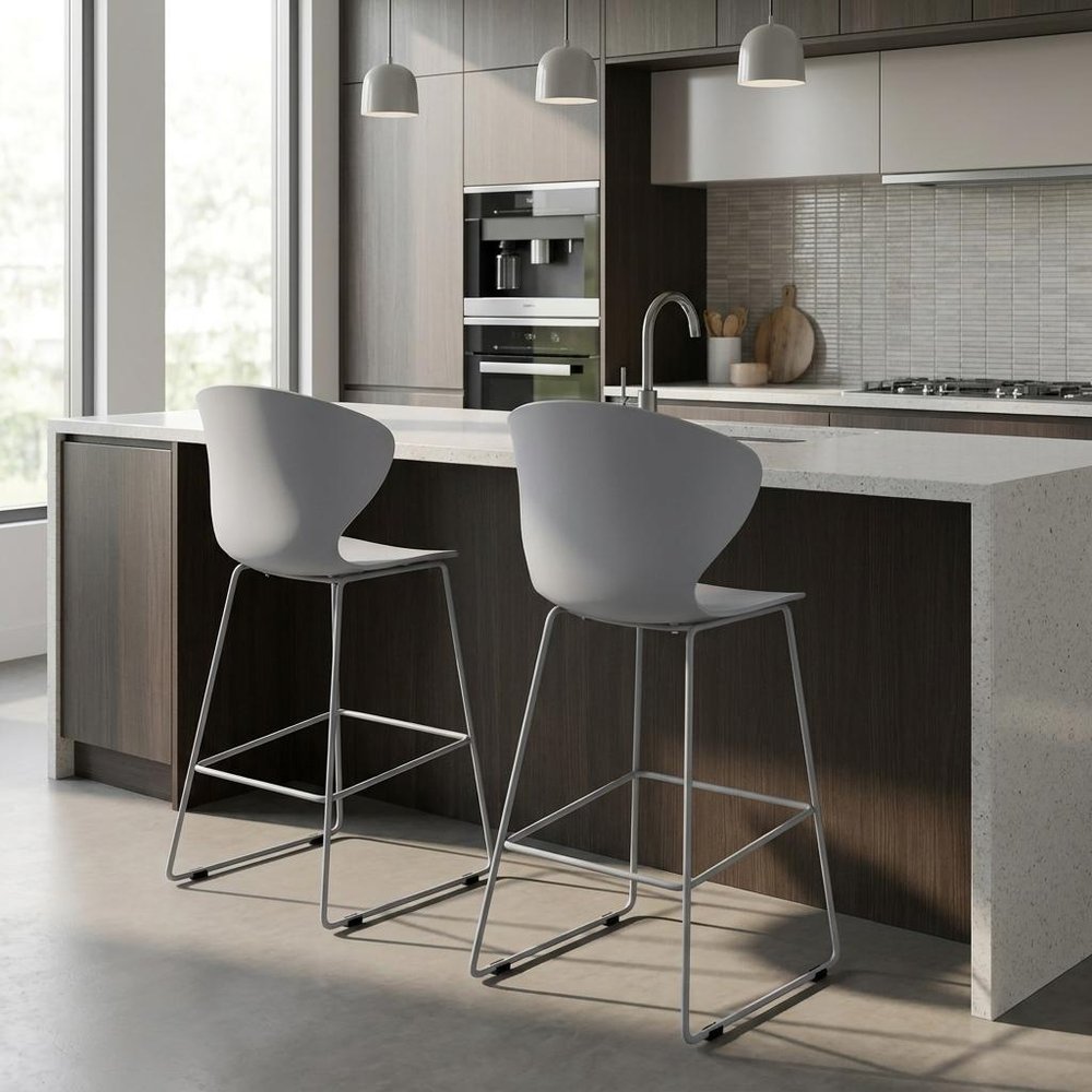 Set of Two 26" Gray Heavy Duty Plastic And Metal Low Back Counter Height Bar Chairs