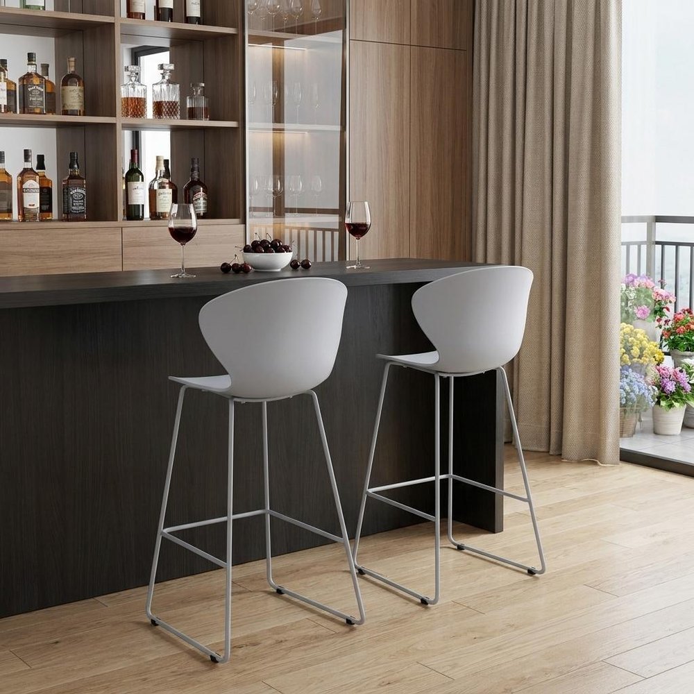 Set of Two 26" Gray Heavy Duty Plastic And Metal Low Back Counter Height Bar Chairs