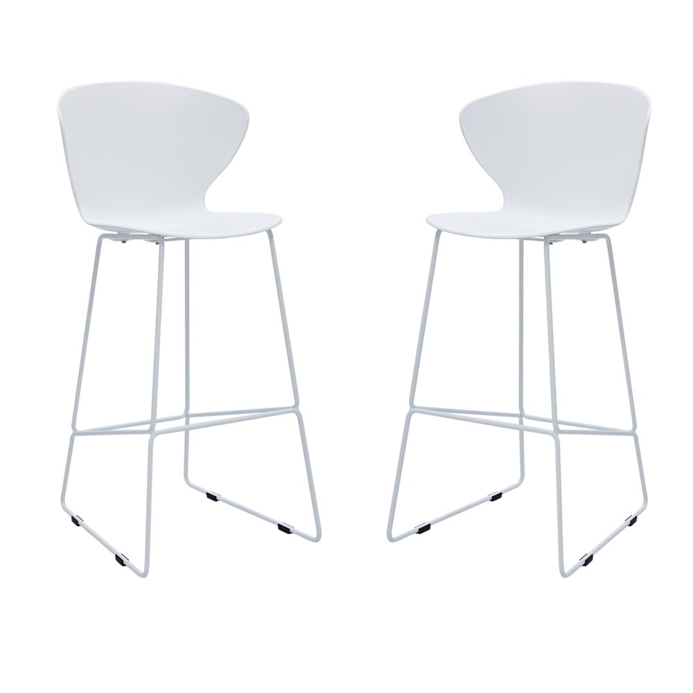 Set of Two 26" White And Silver Heavy Duty Plastic And Metal Low Back Counter Height Bar Chairs
