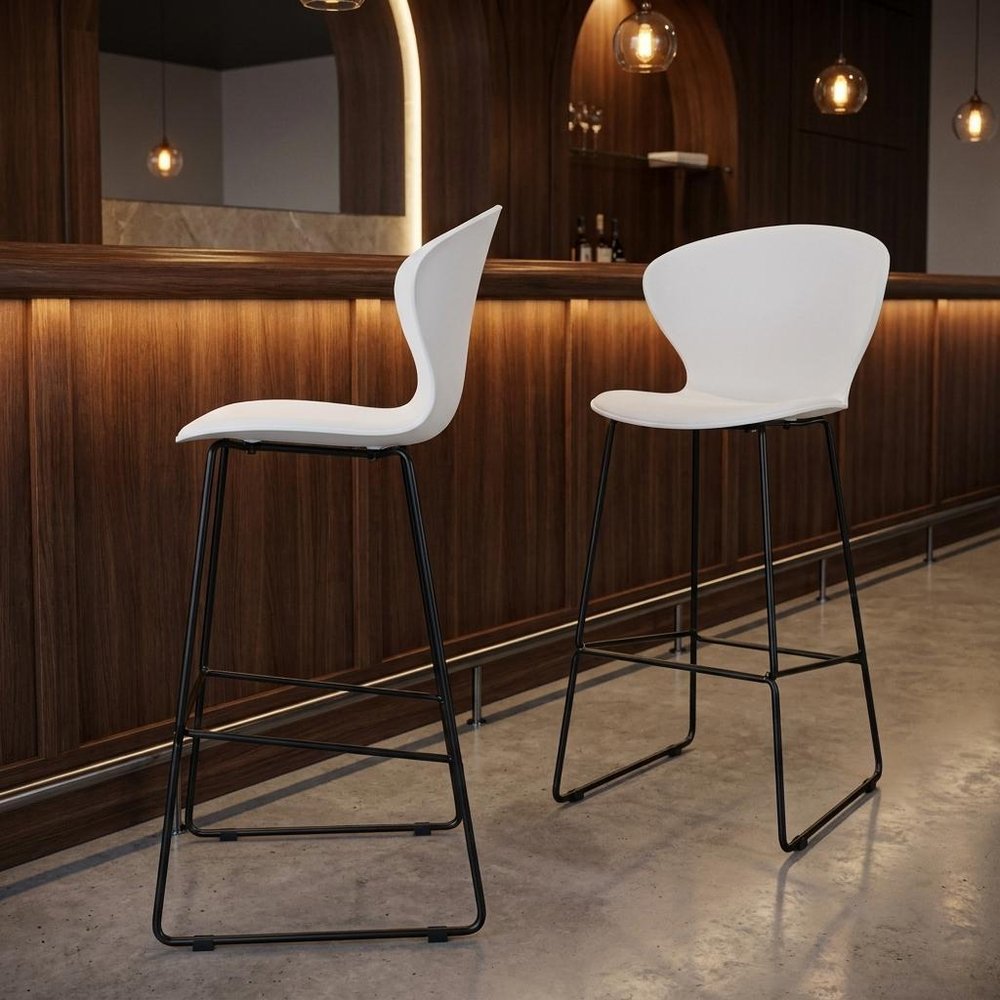 Set of Two 26" White And Silver Heavy Duty Plastic And Metal Low Back Counter Height Bar Chairs