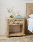 28" Natural Solid Wood Carved Geometric One Drawer Nightstand