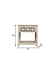 28" White Solid Wood Distressed Carved Geometric One Drawer Nightstand