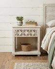 28" White Solid Wood Distressed Carved Geometric One Drawer Nightstand
