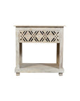28" White Solid Wood Distressed Carved Geometric One Drawer Nightstand