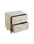 24" Natural And White Solid Wood Carved Scrollwork Two Drawer Nightstand