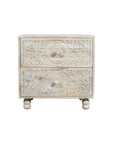 24" Natural And White Solid Wood Carved Scrollwork Two Drawer Nightstand