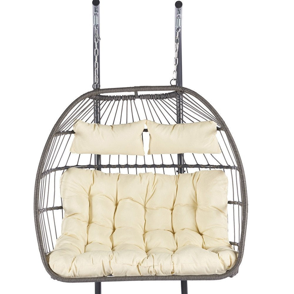 38" Beige And Gray Faux Rattan Iron Outdoor Folding Egg Chair with Beige Cushion