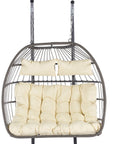 38" Beige And Gray Faux Rattan Iron Outdoor Folding Egg Chair with Beige Cushion