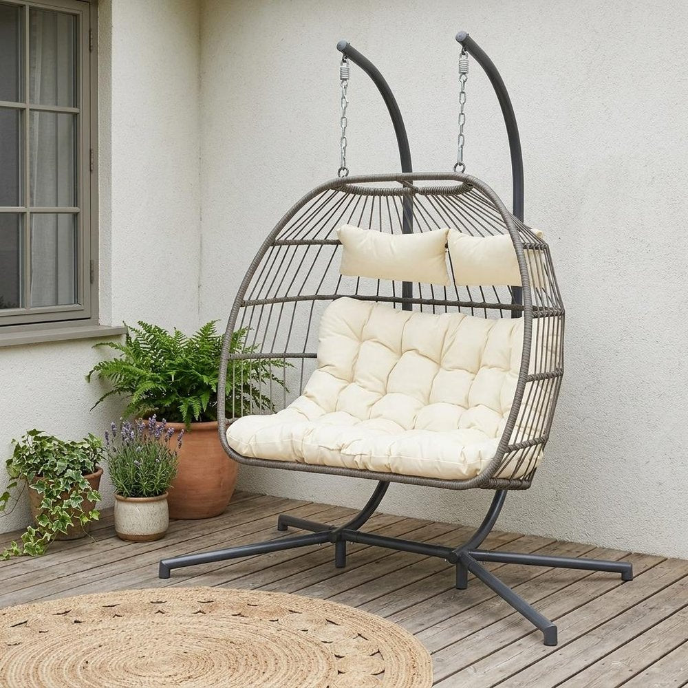 38" Beige And Gray Faux Rattan Iron Outdoor Folding Egg Chair with Beige Cushion