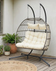 38" Beige And Gray Faux Rattan Iron Outdoor Folding Egg Chair with Beige Cushion