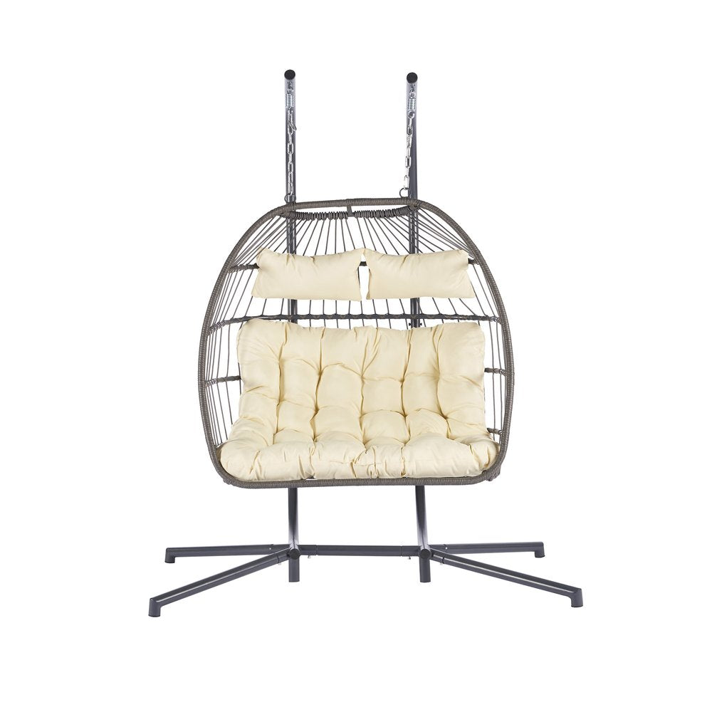 38" Beige And Gray Faux Rattan Iron Outdoor Folding Egg Chair with Beige Cushion