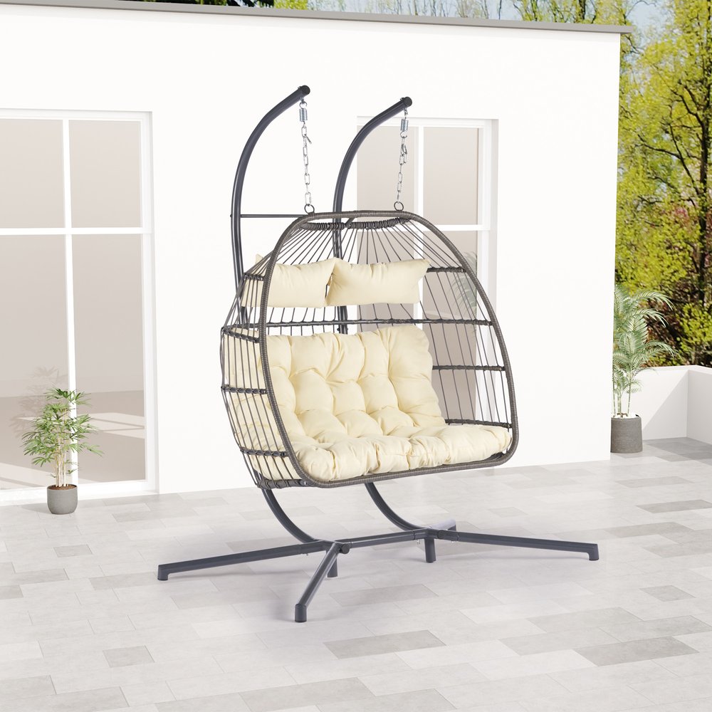 38" Beige And Gray Faux Rattan Iron Outdoor Folding Egg Chair with Beige Cushion