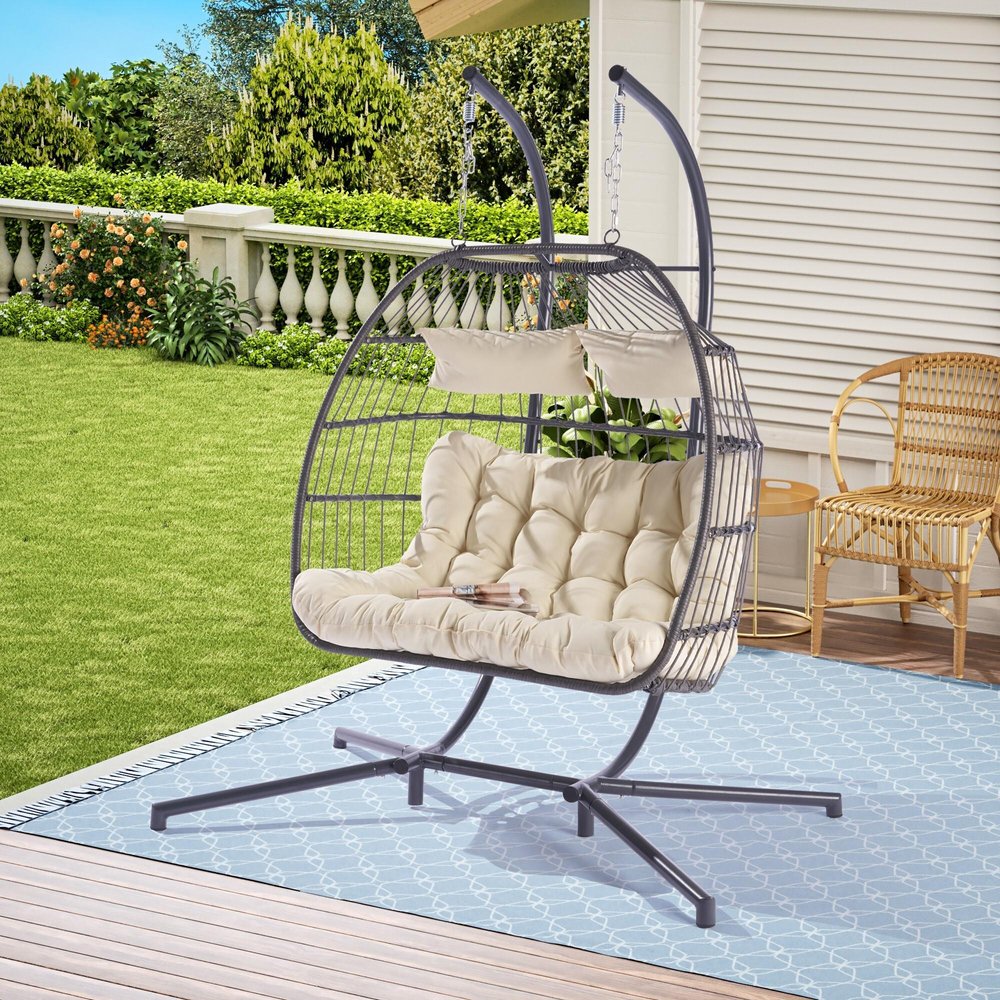 38" Beige And Gray Faux Rattan Iron Outdoor Folding Egg Chair with Beige Cushion